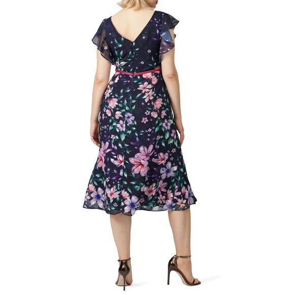 Marchesa Notte Blue Floral Chiffon Midi Gown Size 12 Flutter Sleeve Formal - Picture 5 of 15